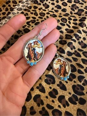 Cowgirl Horse Oval Drop Earrings with Turquoise Accents